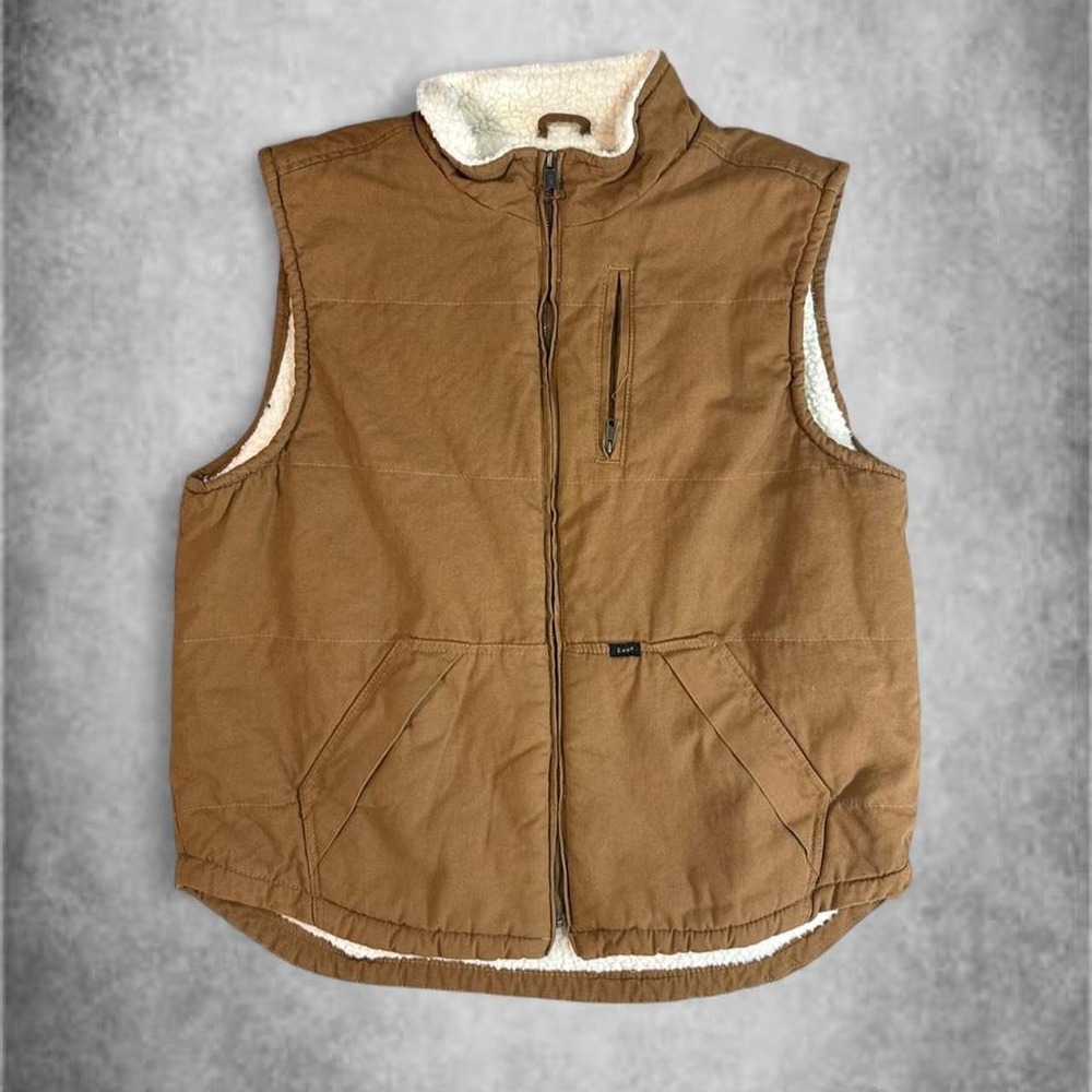 Lee Mens Sherpa Lined Canvas Vest Tan Brown Workwear Outdoor Large